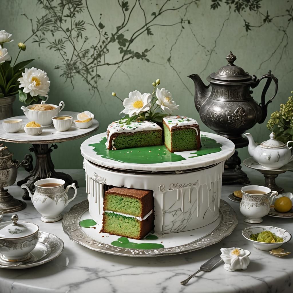 Chamomile Cake Overflowing in English Teahouse: Matte Painti...