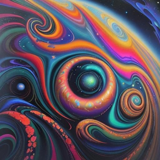 Surrealism. Medium shot. A glowing, iridescent entity floats in a dreamlike void. Close up. Distorted perspective oil pa...