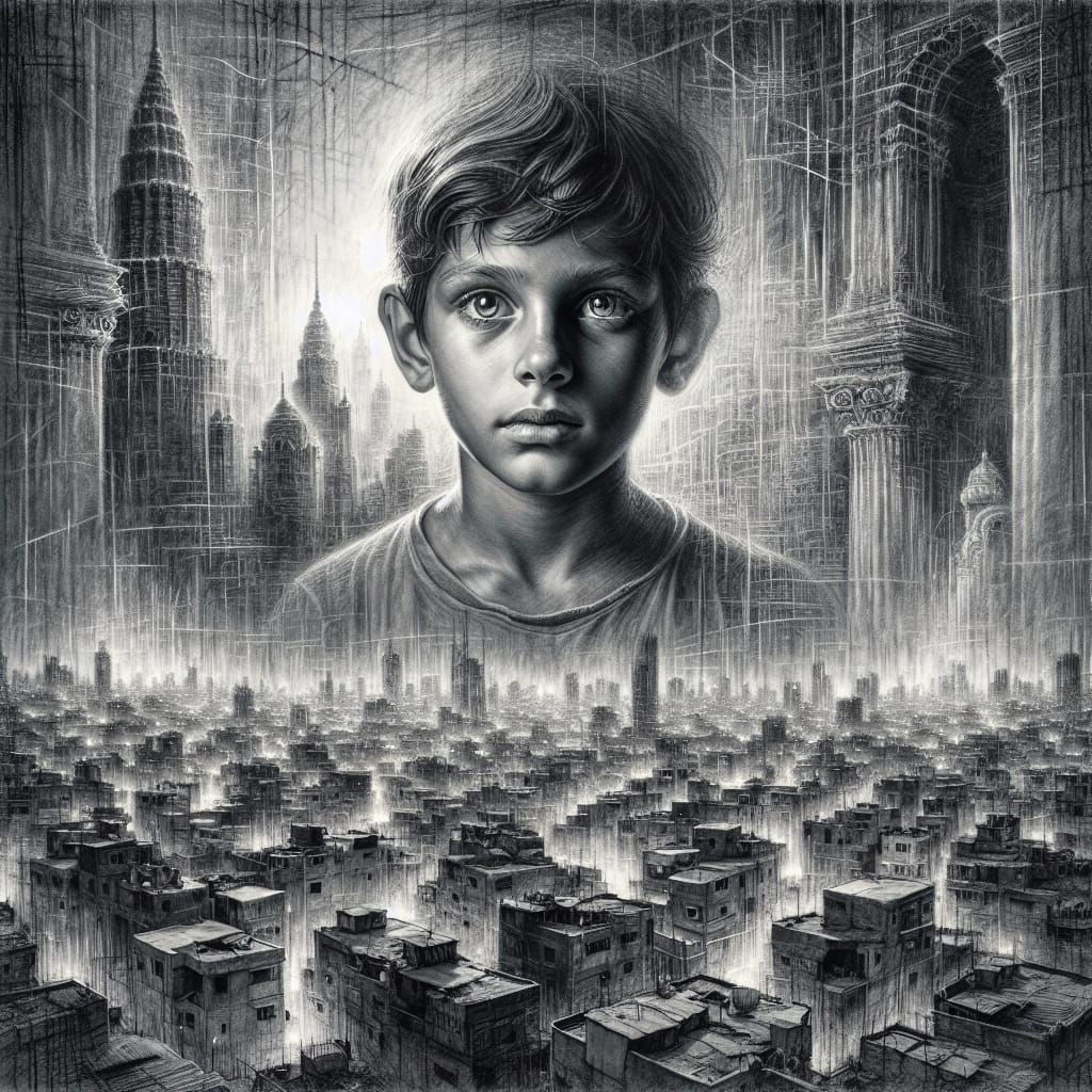 Charcoal Drawing of a Boy in Urban Landscape