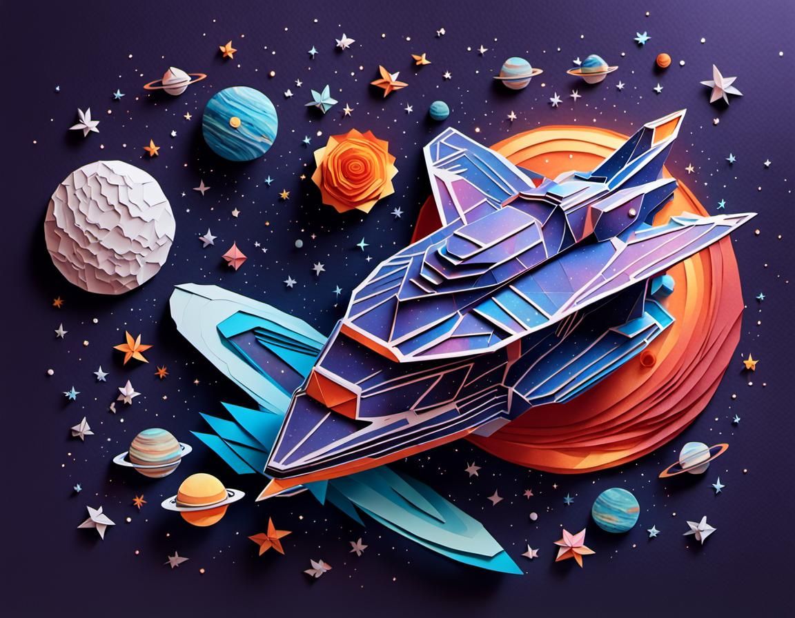 Origami Spaceship Gliding Through Cosmos in Paper Cutout Sty...