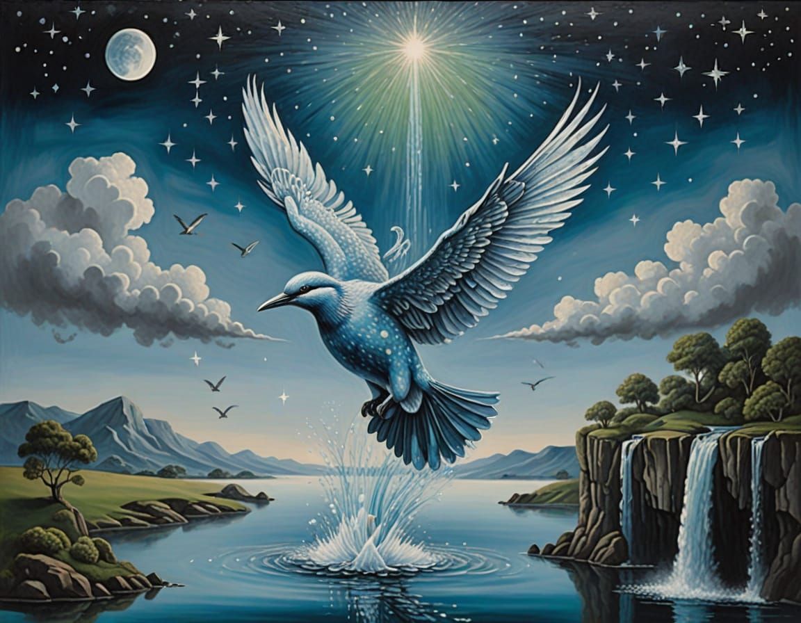 Surreal Bird of Water Soars in Shimmering Blue Skies