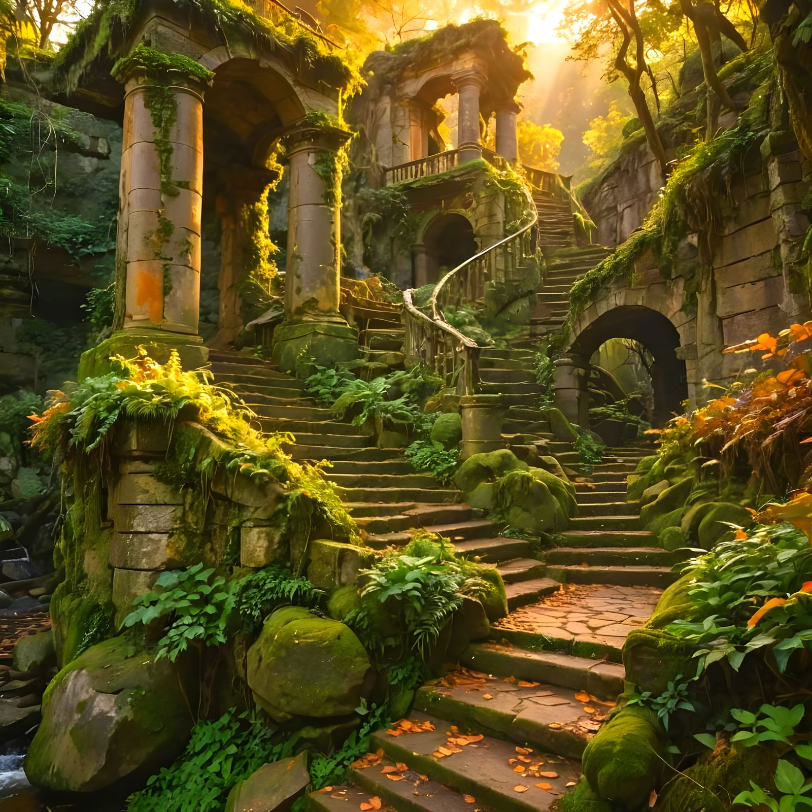 Surreal Landscape with Golden Ruins and Swirling Clouds