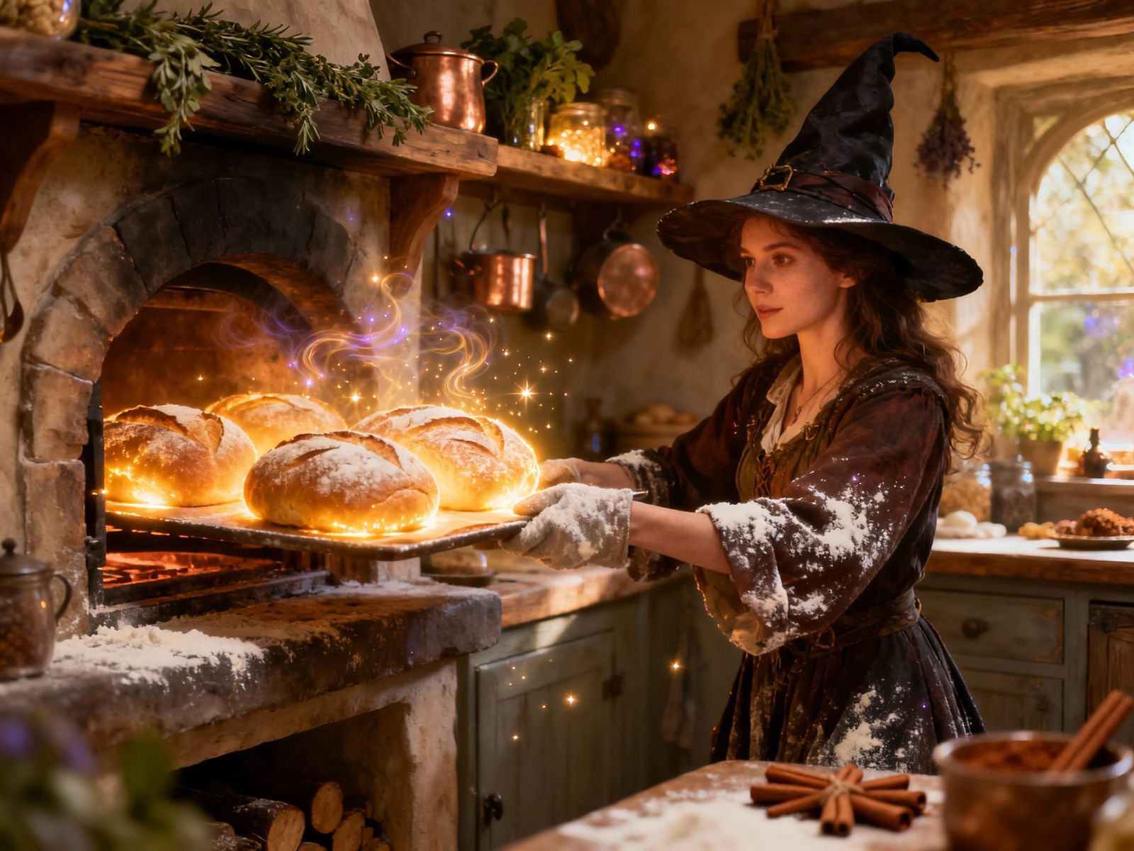 Witch Baking Glowing Bread in Enchanted Kitchen