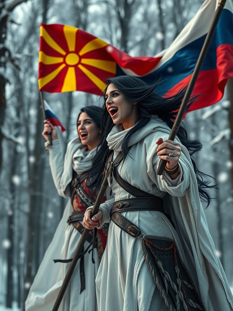 Evil Warrior Screams Victory Waving Macedonian Flag in Snowy...