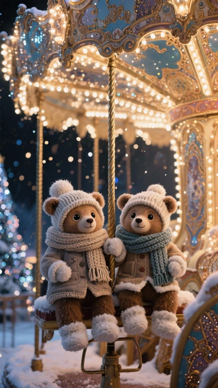 Baby Bears Enjoy Carousel Ride Under Fairy Lights