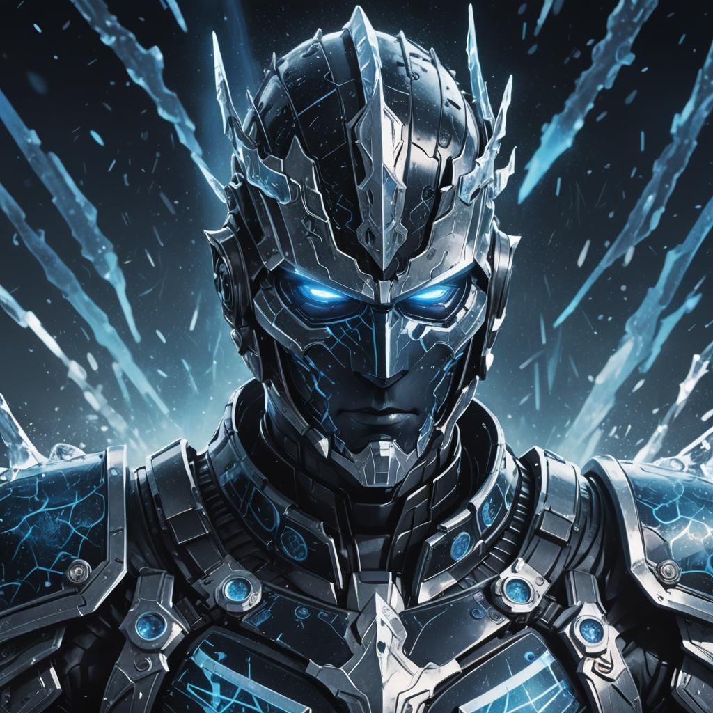 Icy Cyborg Guard in Gothic Cyberpunk Anime Style