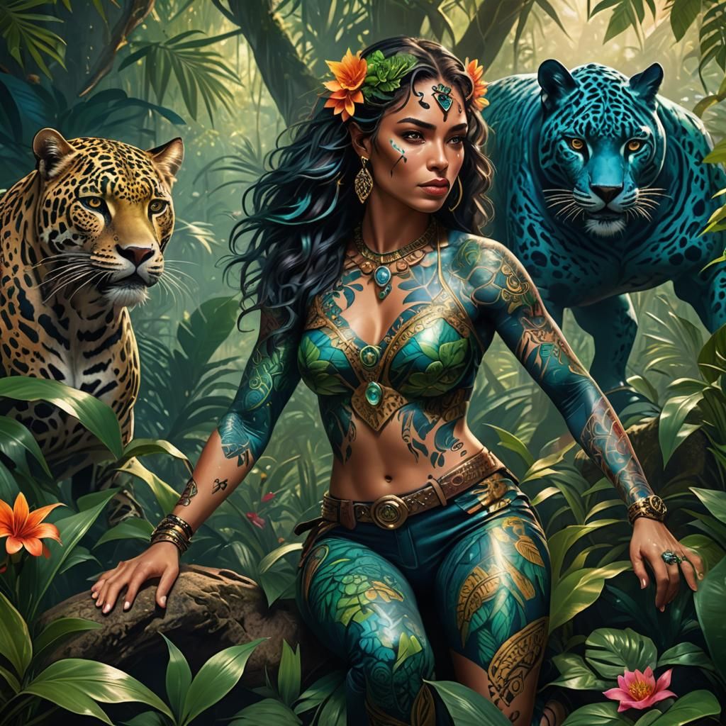 Vibrant Jaguar Goddess in Jungle Glory