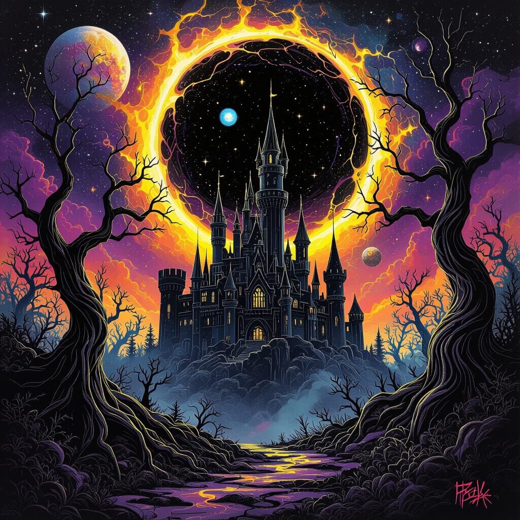 Dark Castle in Cosmic Black Hole, Vibrant Graffiti Art