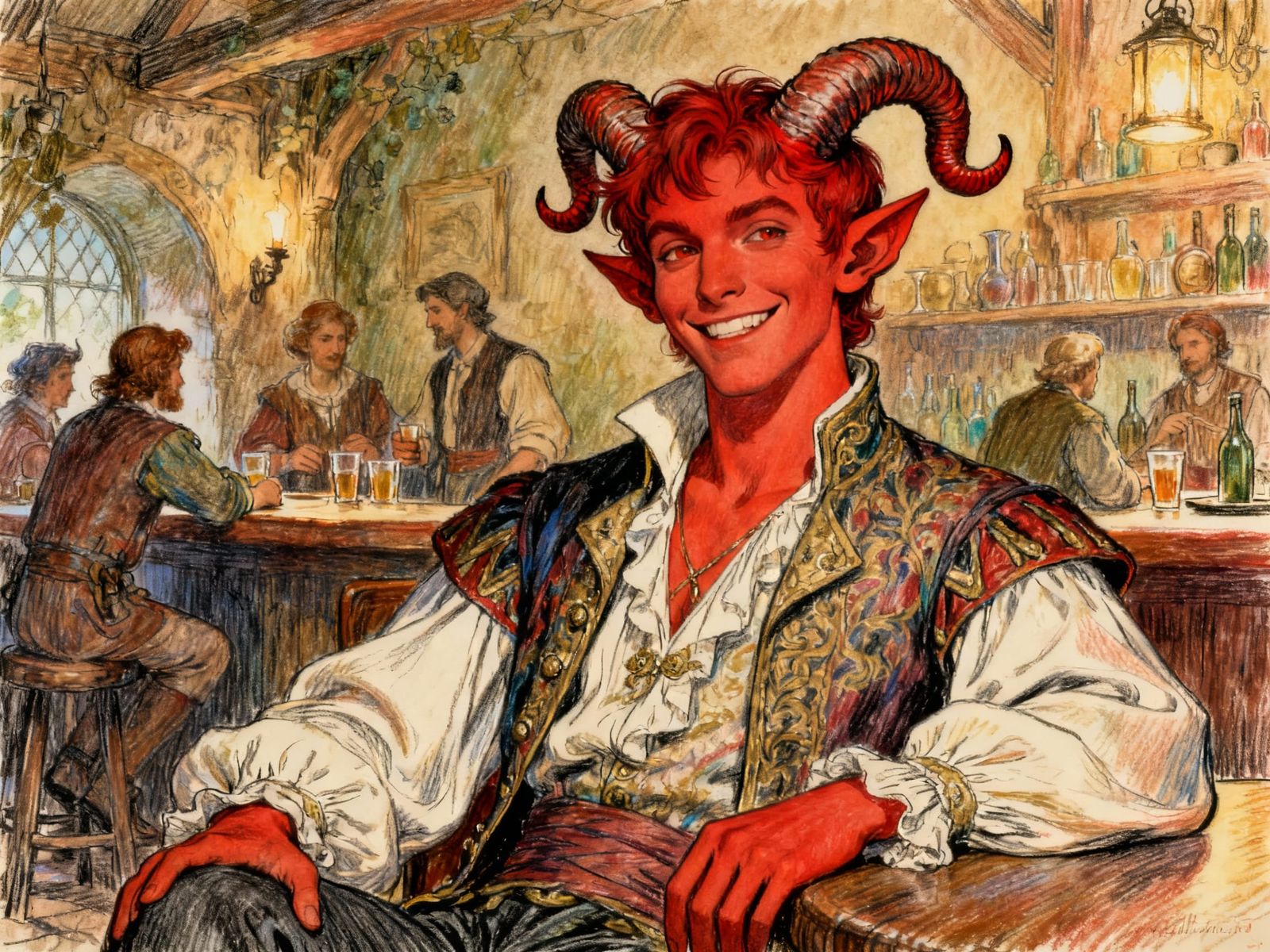 Tiefling Warlock in Tavern, Ink and Colored Pencil Style