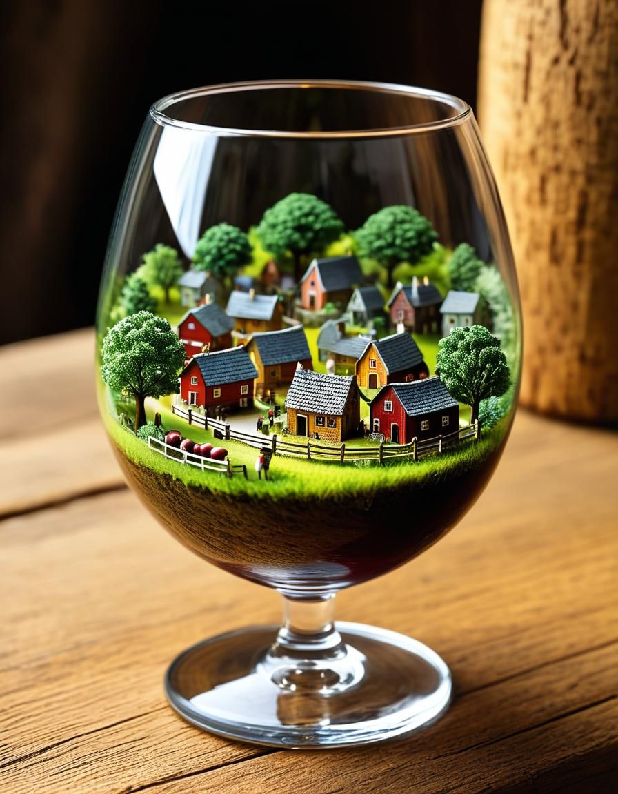 Rustic Village Life Inside a Wine Glass Illustration