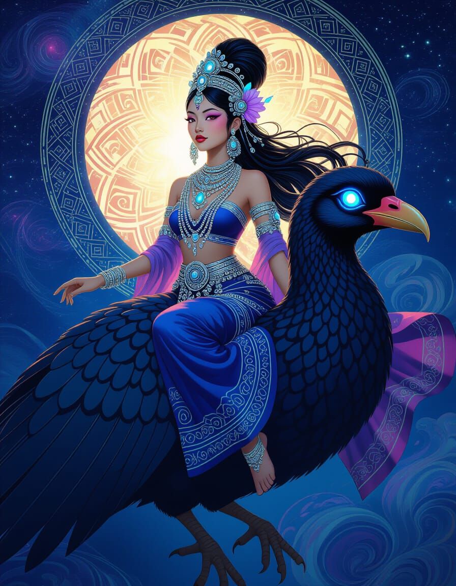 Hmong Goddess Rides Dodo in Nebula, Art Nouveau Style