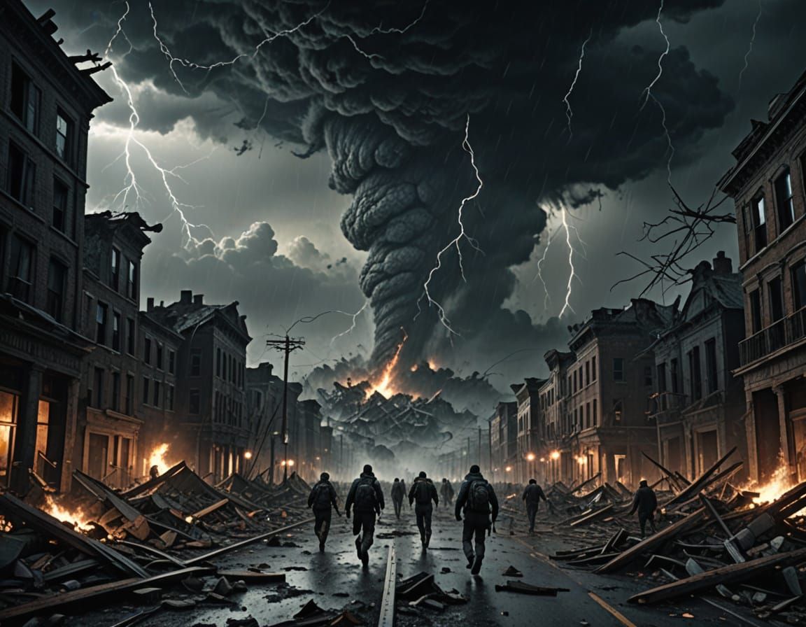 Dark Fantasy Cityscape in Ruins: Massive Tornado Devastation