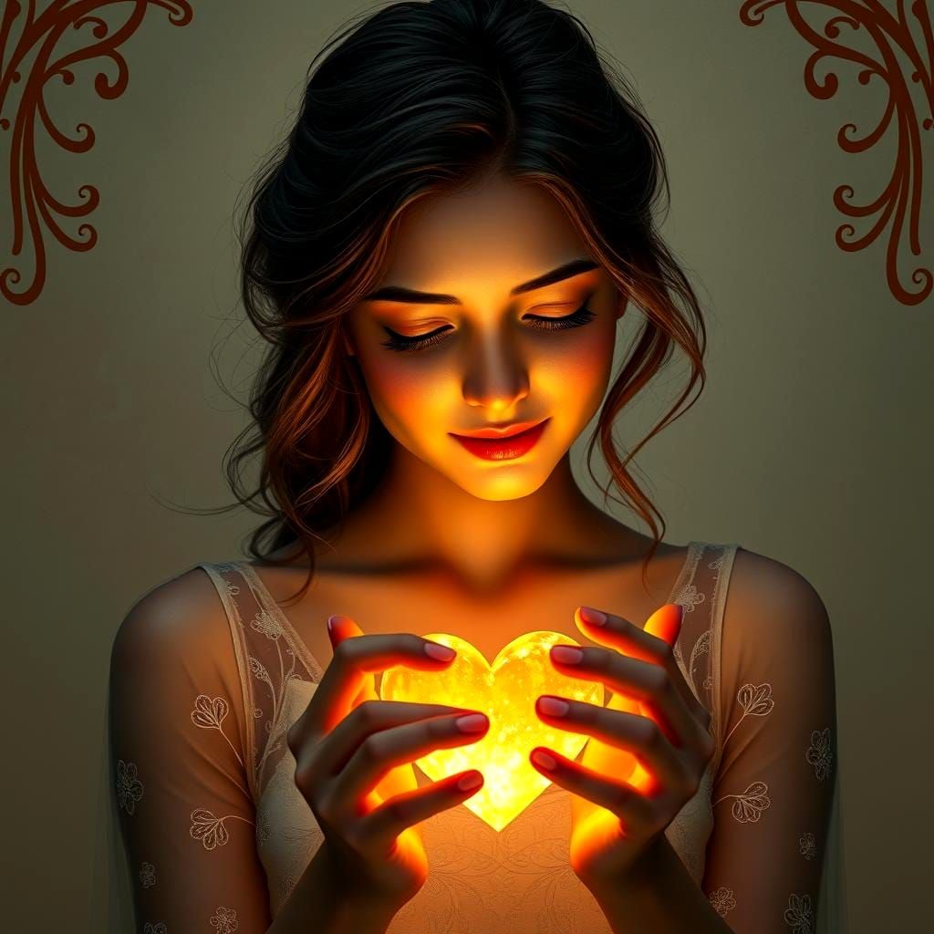 Woman Offering Heart: Hyperdetailed Portrait