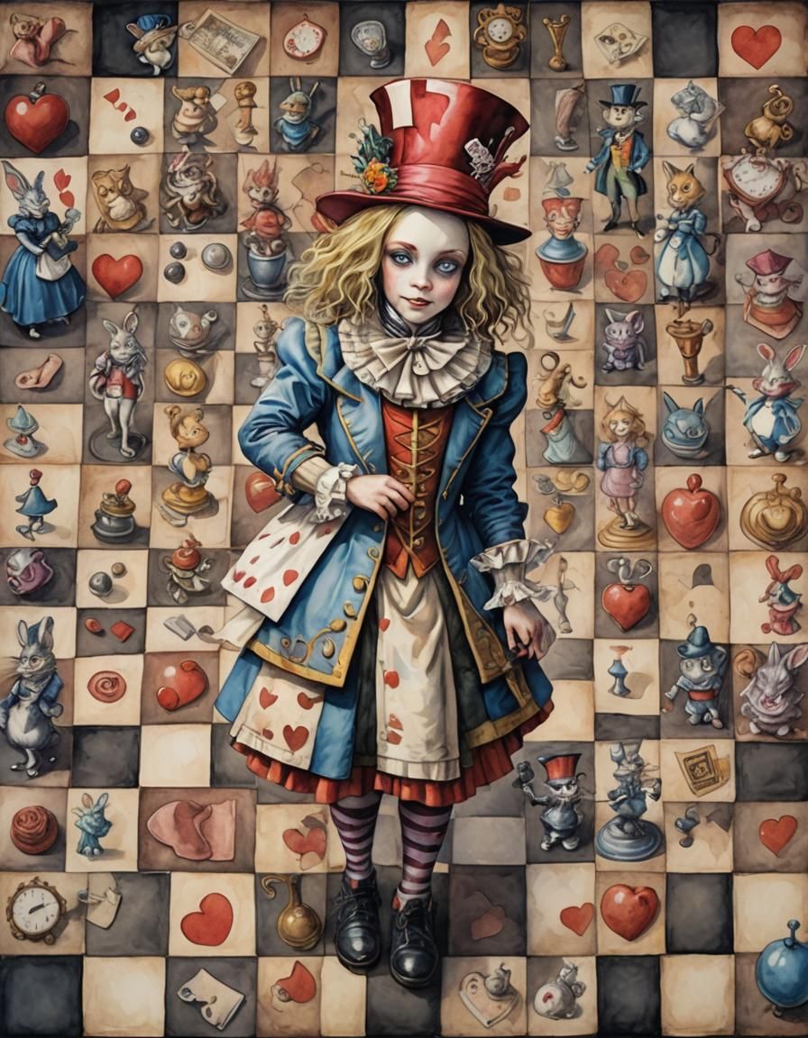 Alice in Wonderland on Chessboard: Watercolor Fantasy