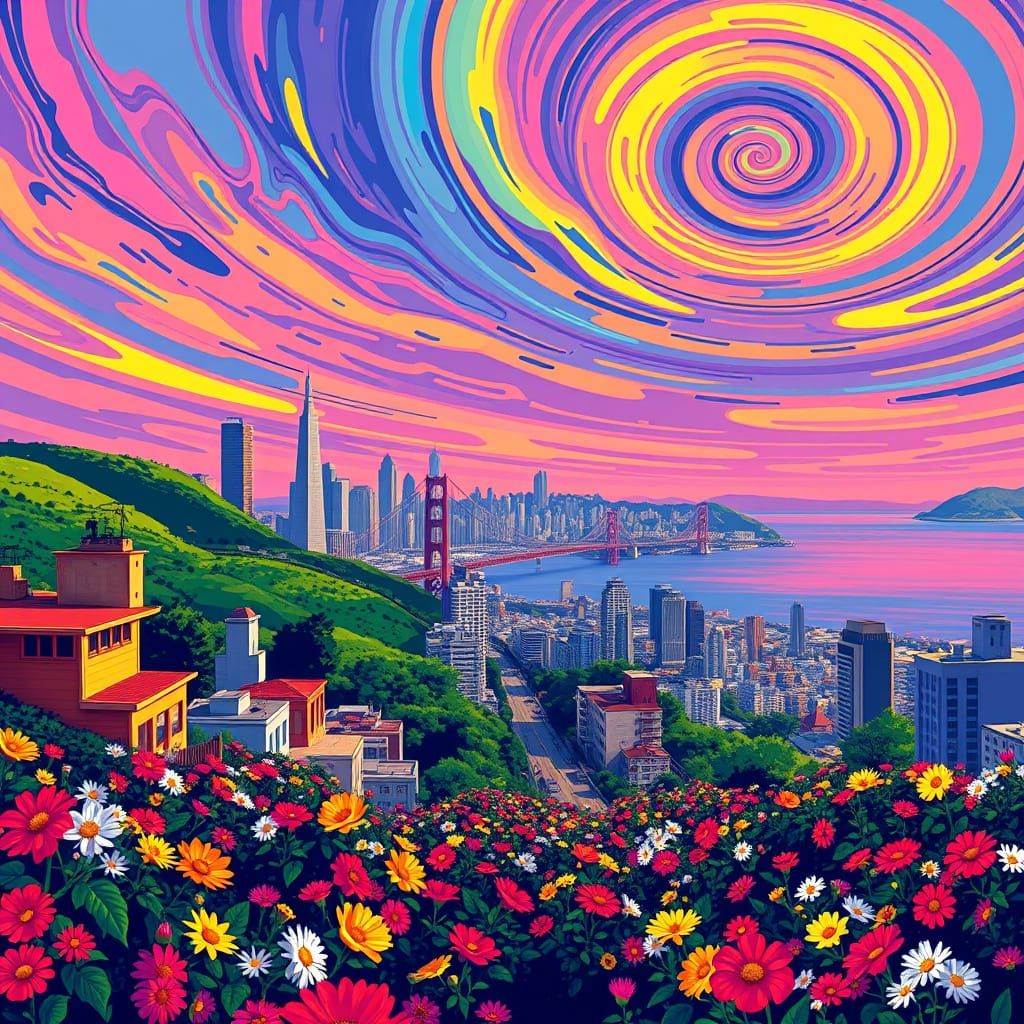 Psychedelic San Francisco Cityscape with Flowers in Hair