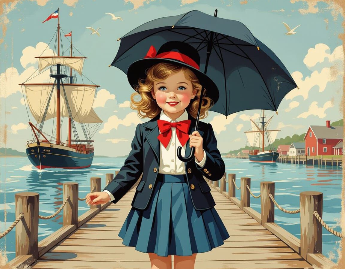 Vintage Nautical Girl with Umbrella, Illustrative Art
