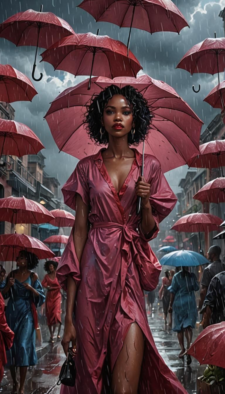 Fantastical Dark Pink Rain with Black Figures