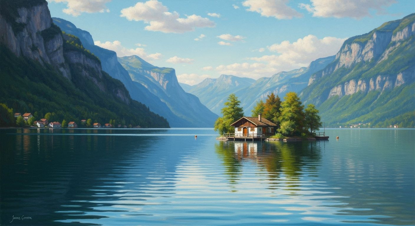 Serene Oil Painting of Lake Brienz with Cozy House