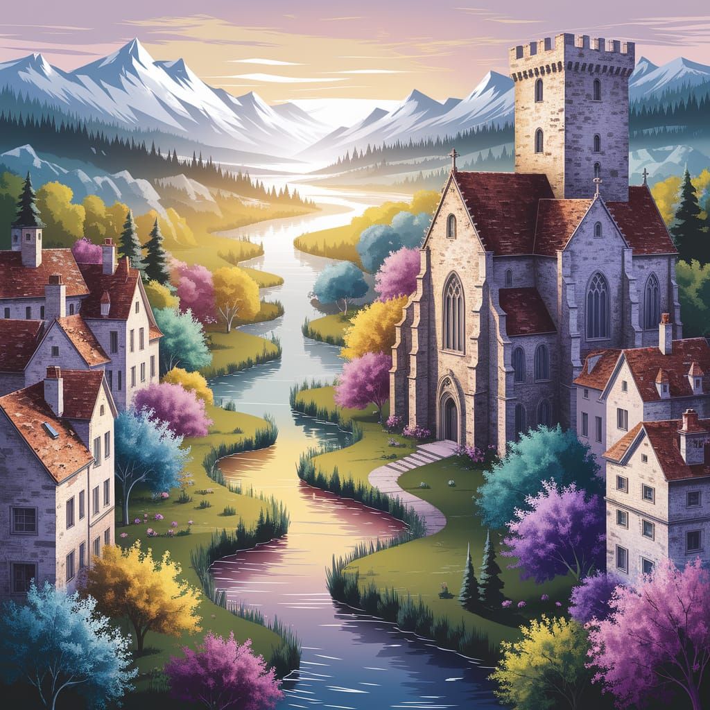 Bird's Eye View of Medieval Town in Watercolor Style