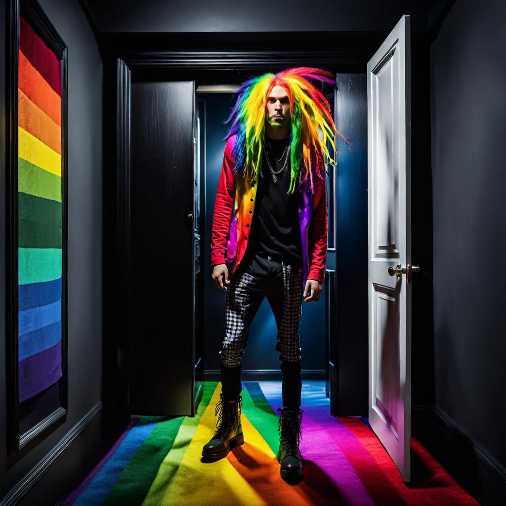 Rainbow Goth Punk Man Coming Out of Closet