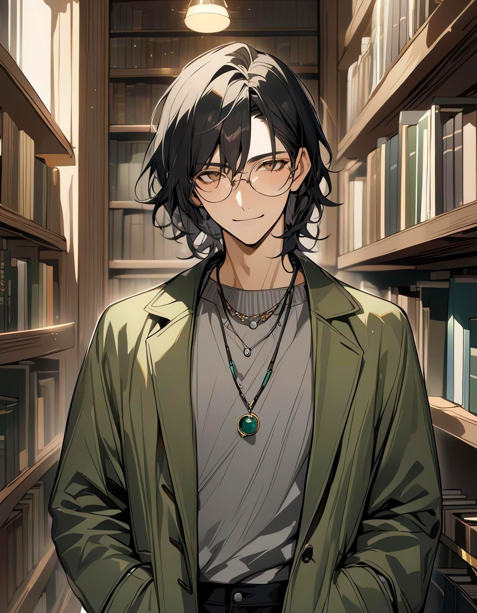 Boy with Wolf Cut in Bookstore