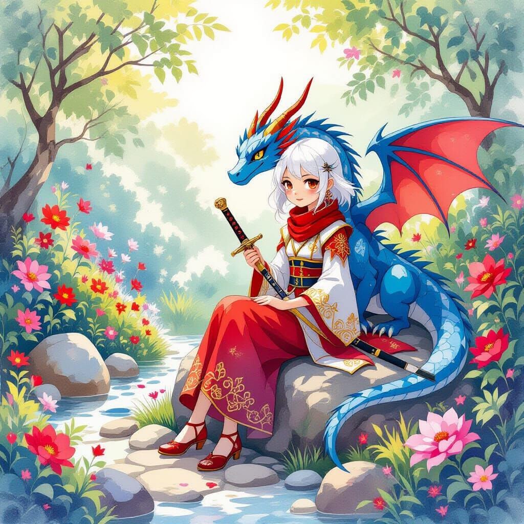 Girl with Dragon in Watercolor Garden Illustration
