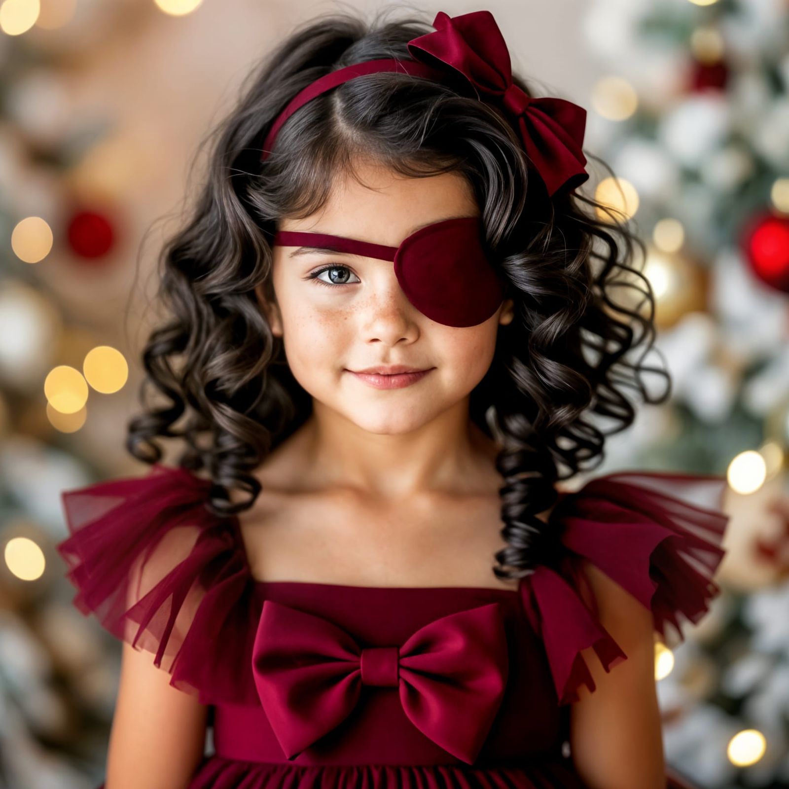 Cute Girl in Burgundy Christmas Dress with Eyepatch