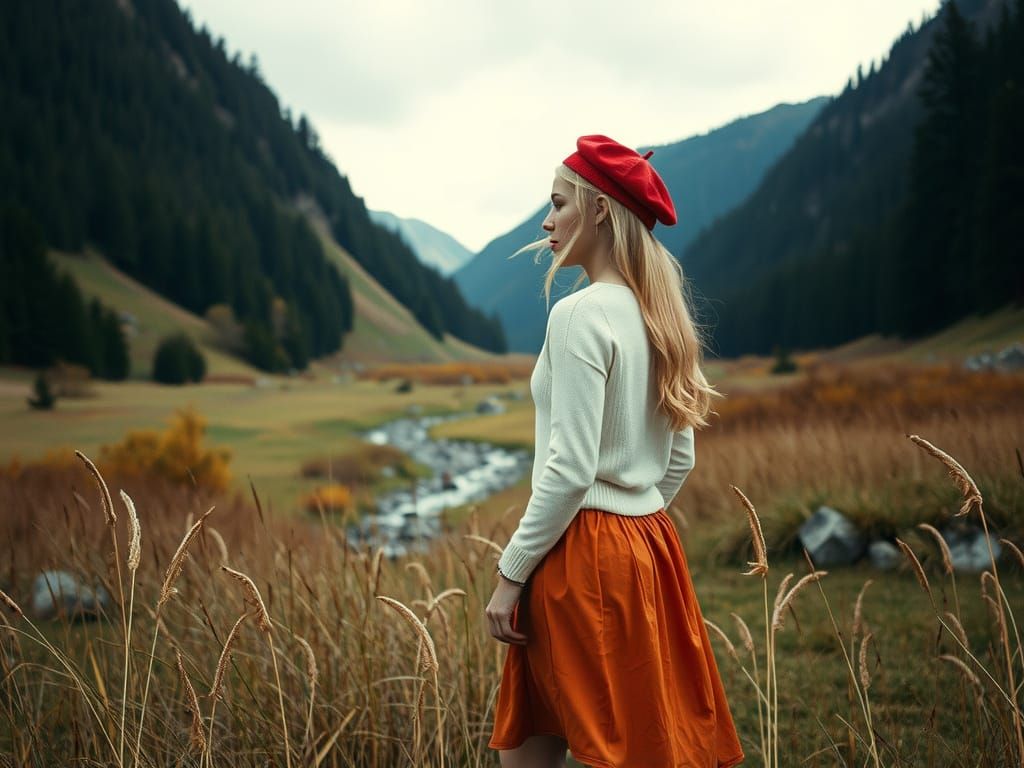 Woman Gazes at Autumn Valley in Cinematic Film Still