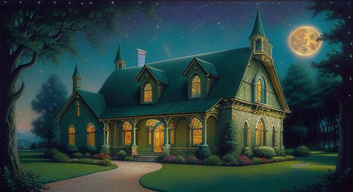 Idyllic Moonlit Village, Whimsical Painterly Style