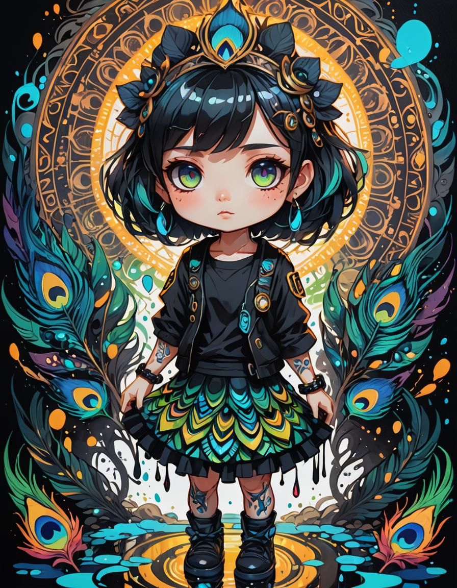 Cute Peacock Girl: Hyperdetailed Anime Oil Painting