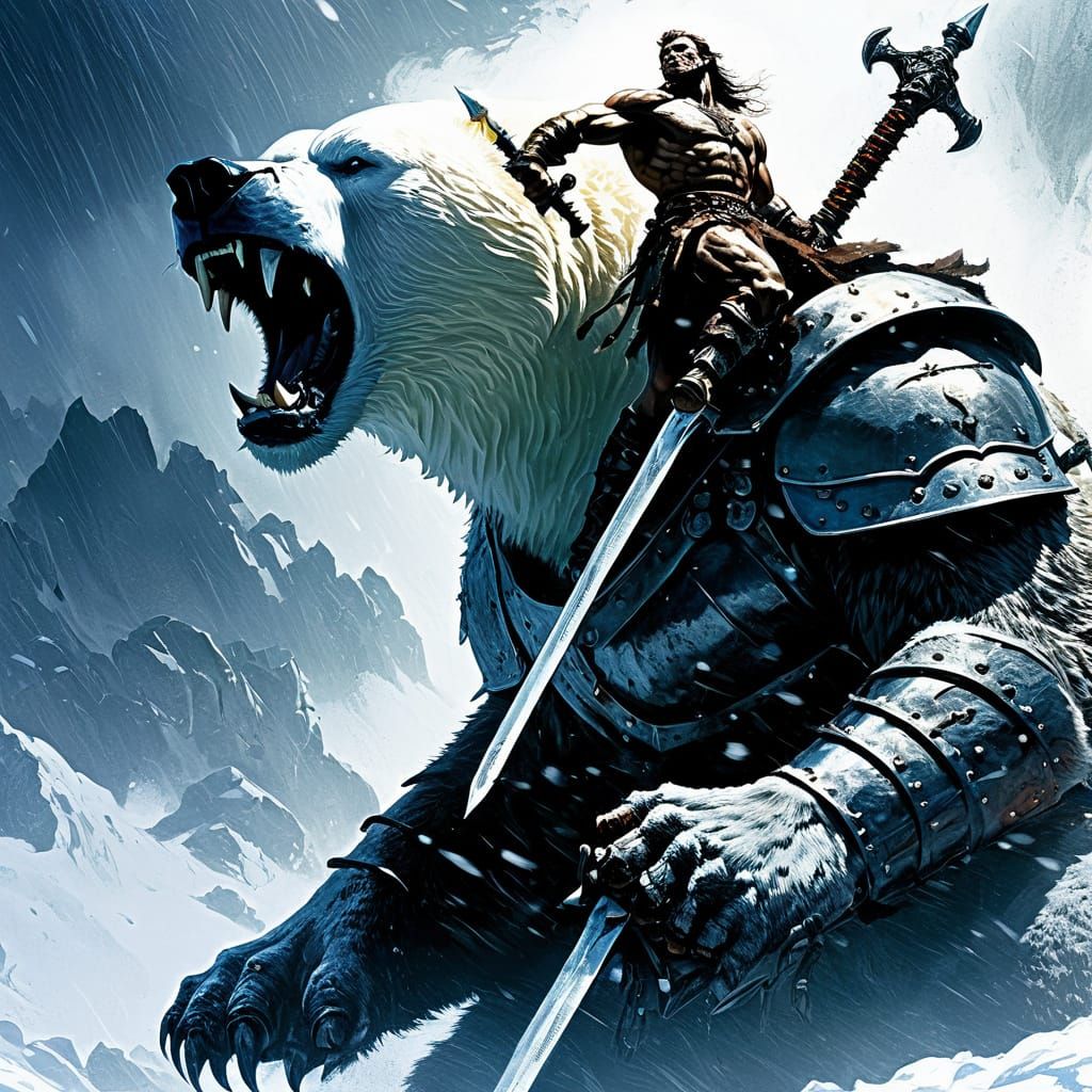 Barbarian Knight Rides Polar Bear into the Blizzard
