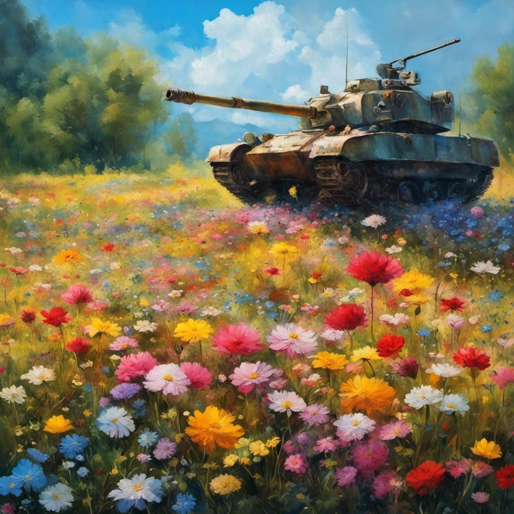 Flower-Covered Battle Tank in Fantasy Art Style