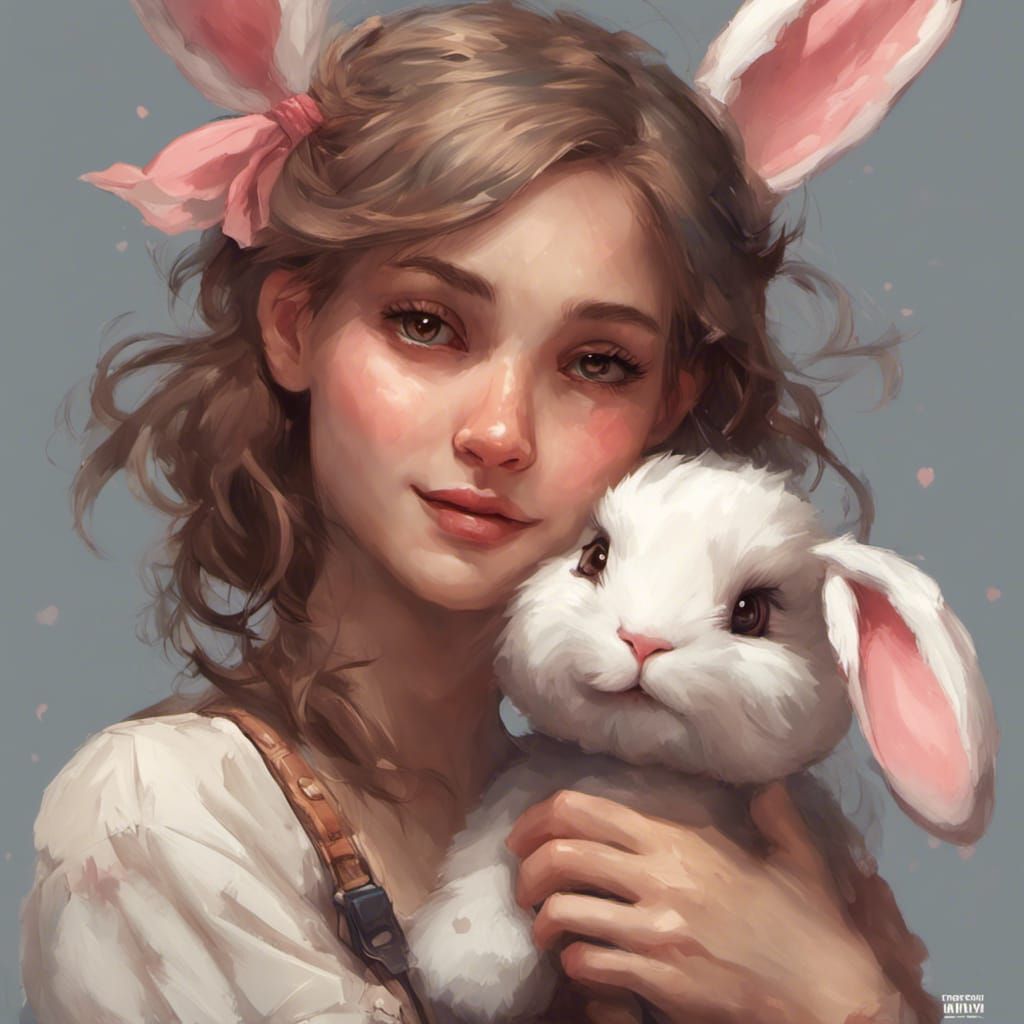 Cute Girl with Bunny: Hyperdetailed Romantic Portrait