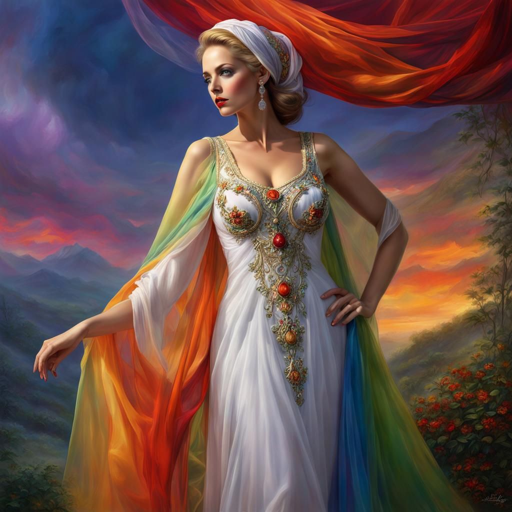 Glamorous Lady in Colorful Nightwear: Fantasy Art