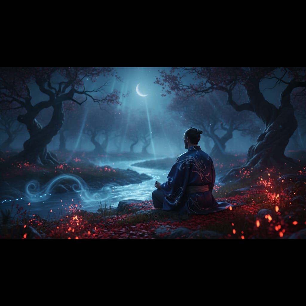 Meditative Figure by Glowing River in Mystical Japanese Land...