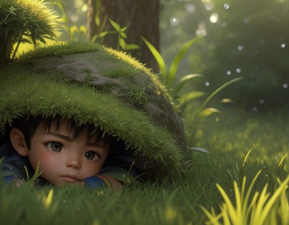Boy Sits on Giant Grass Blade in Hyper-Realistic Digital Art