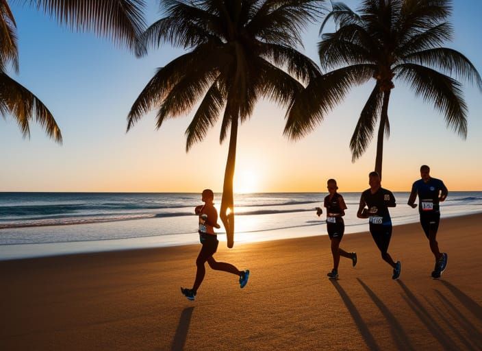 Marathon Runners at Golden Hour on Tropical Beach
