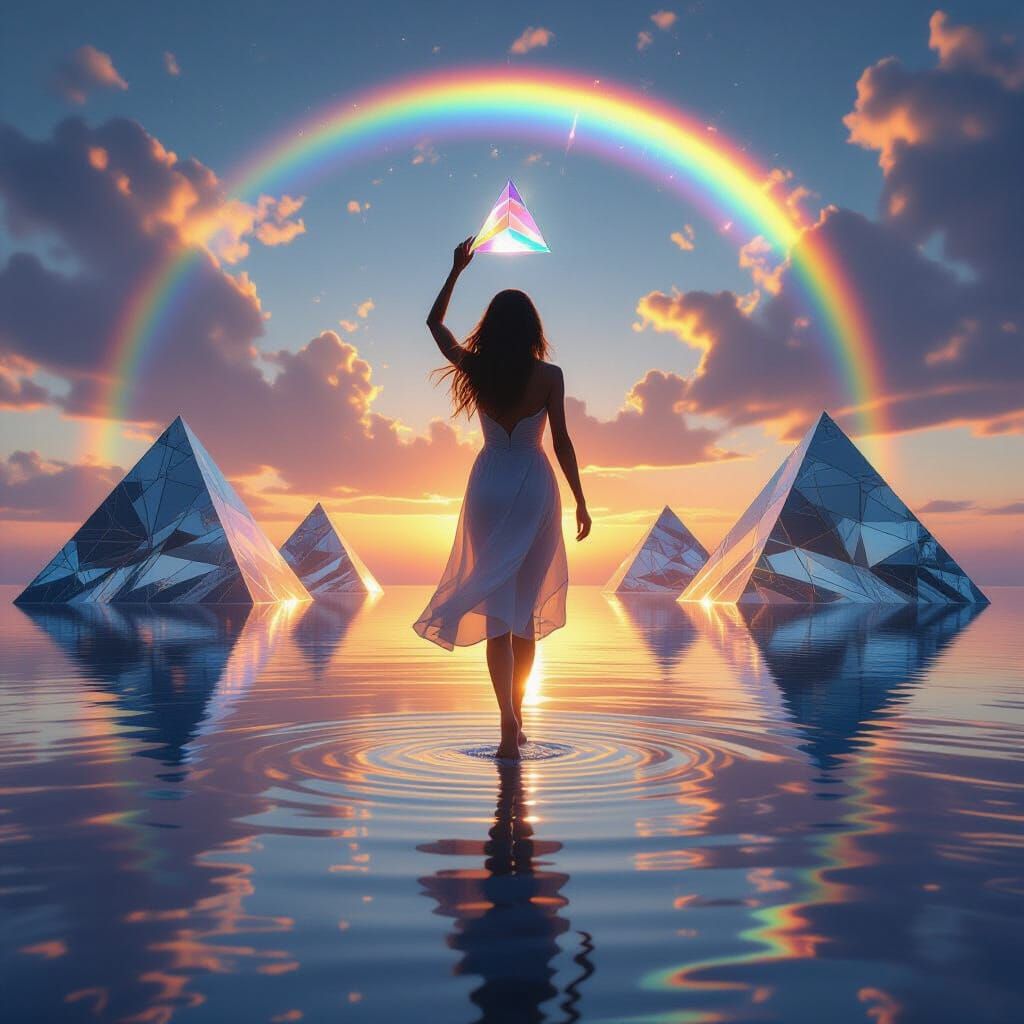 Woman Holding Prism Bending Rainbow Light