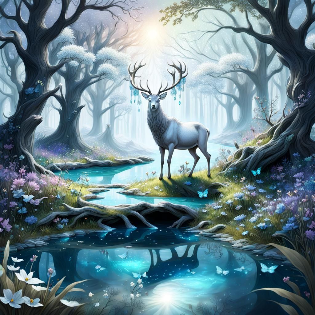 Enchanted Meadow: Silver Stag in Art Nouveau Style