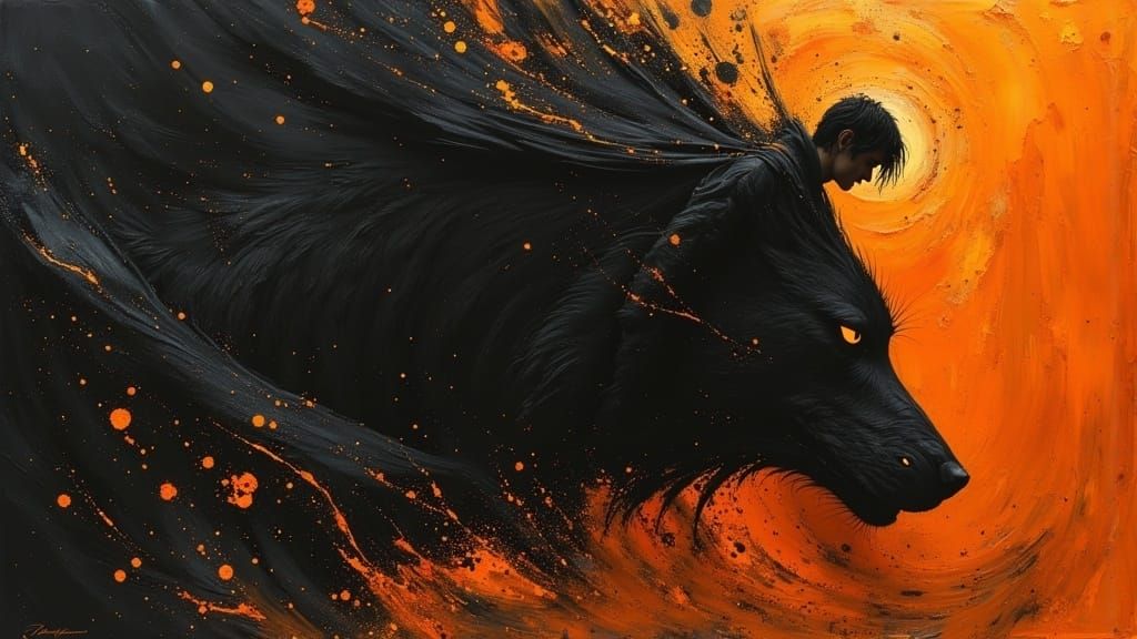 Masculine Magician Merging with Wolf in Dark Oil Paint Style