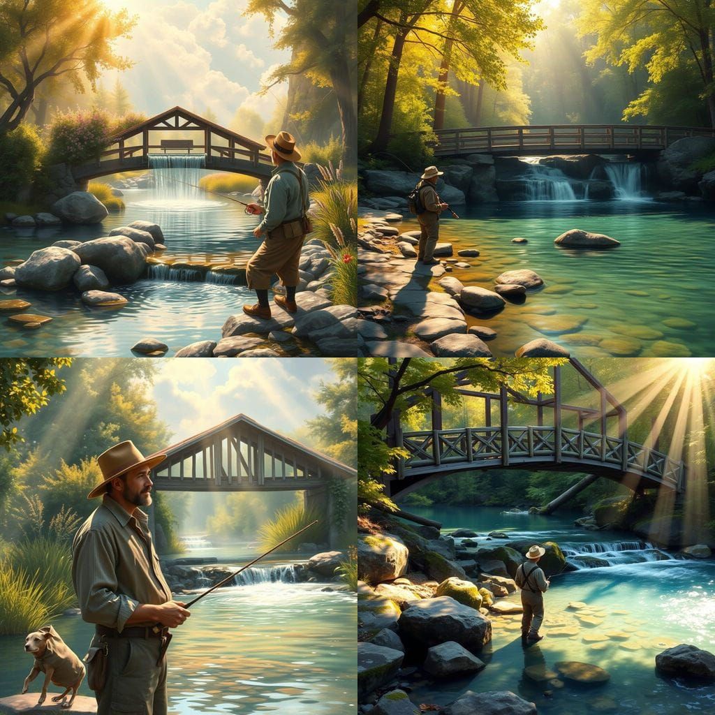 Peaceful Woodland Scene with Gentle Waterfall and Fisherman