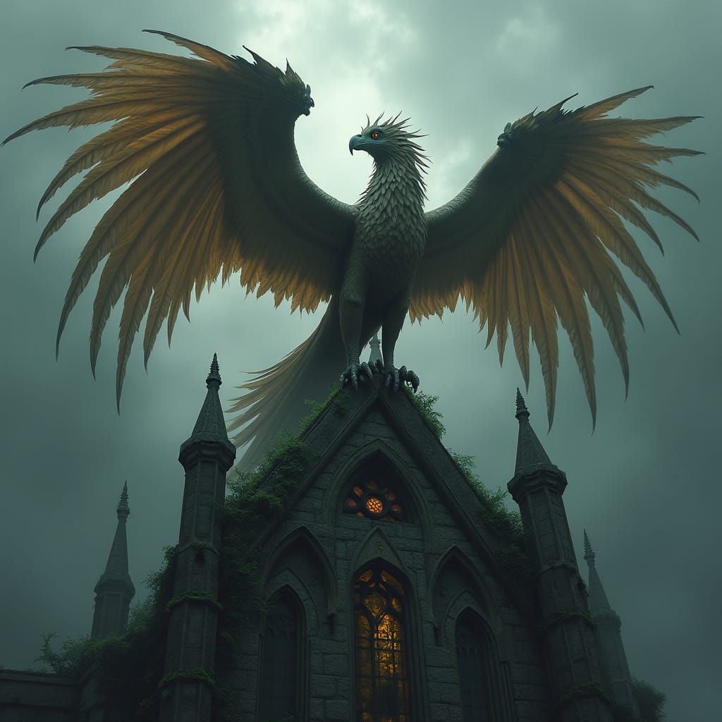 Griffin Perched Atop Gothic Cathedral