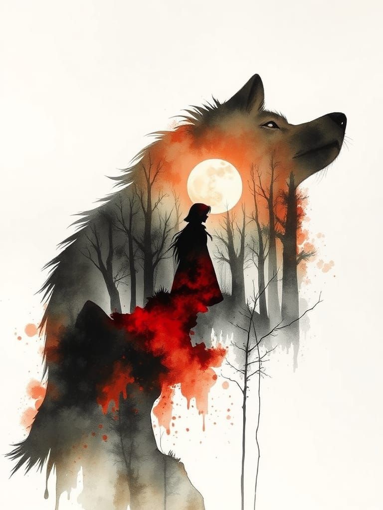 Wolf and Little Red Riding Hood Double Exposure in Watercolo...