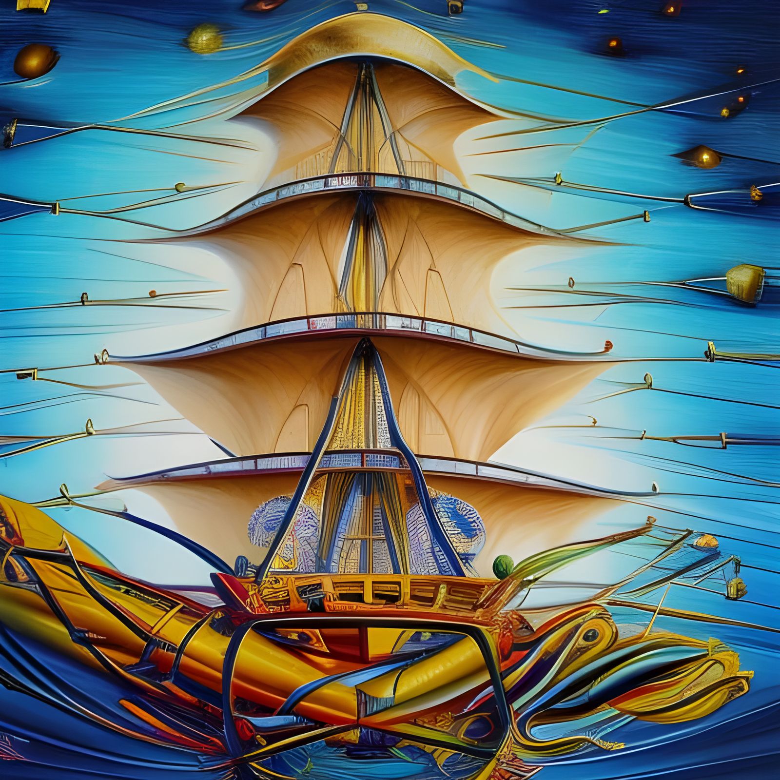 Baroque Sailing Ship Enters Atmosphere in Surreal Style