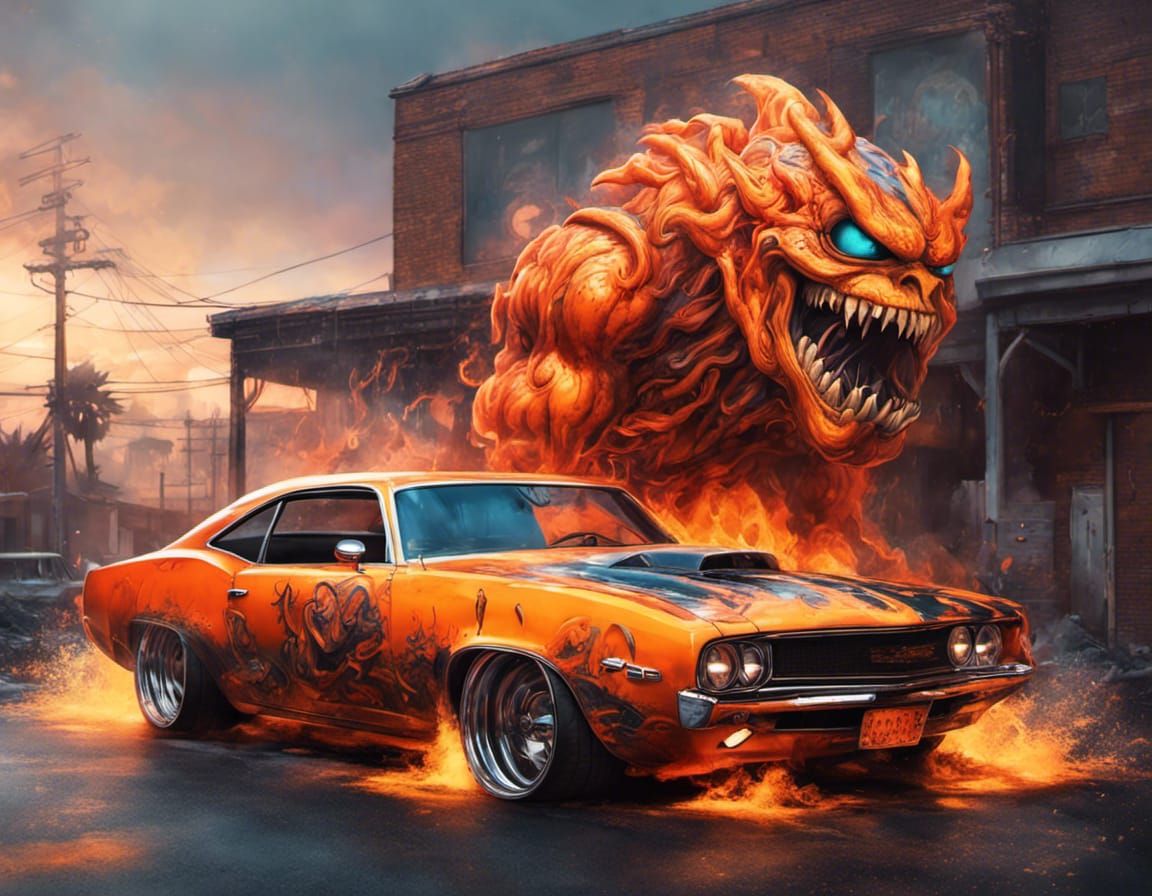Fiery Orange Muscle Car Street Art