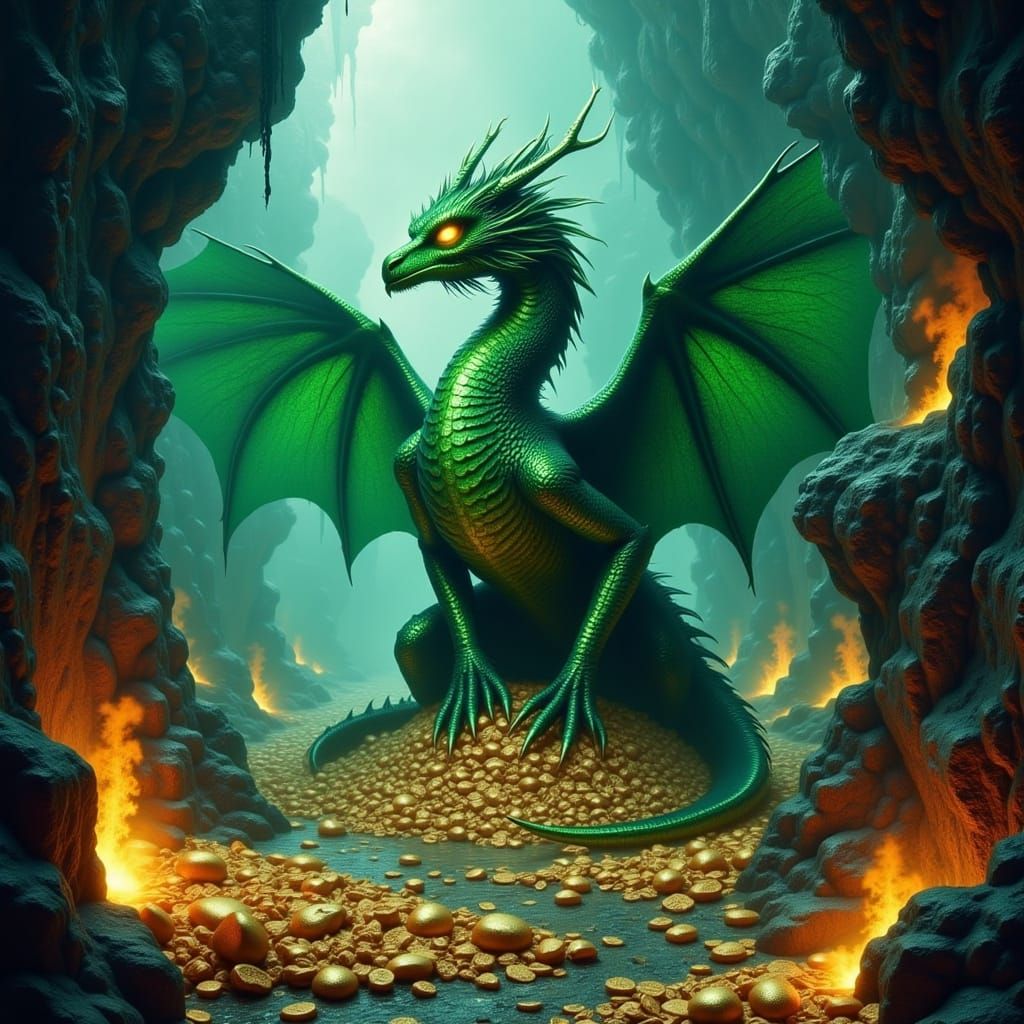 Epic Dragon Amidst Glittering Hoard in Dark Fantasy Realm