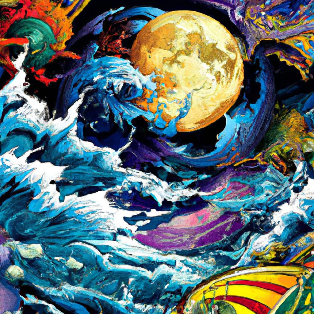 Moonlit Storm at Sea in Psychedelic Digital Art
