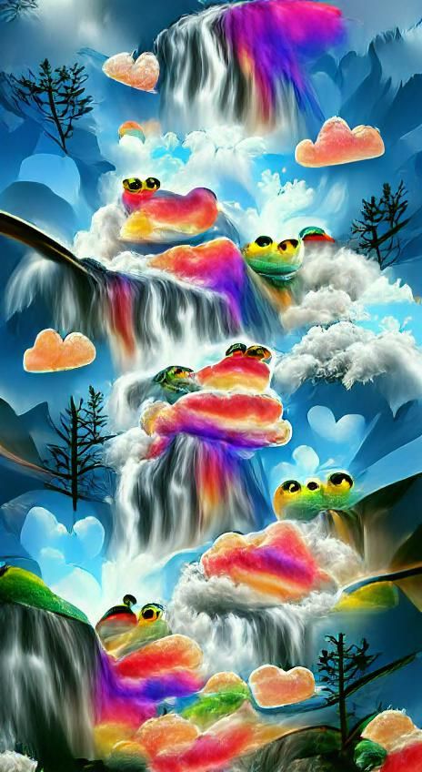 Rainbow Clouds and Waterfall with Frogs