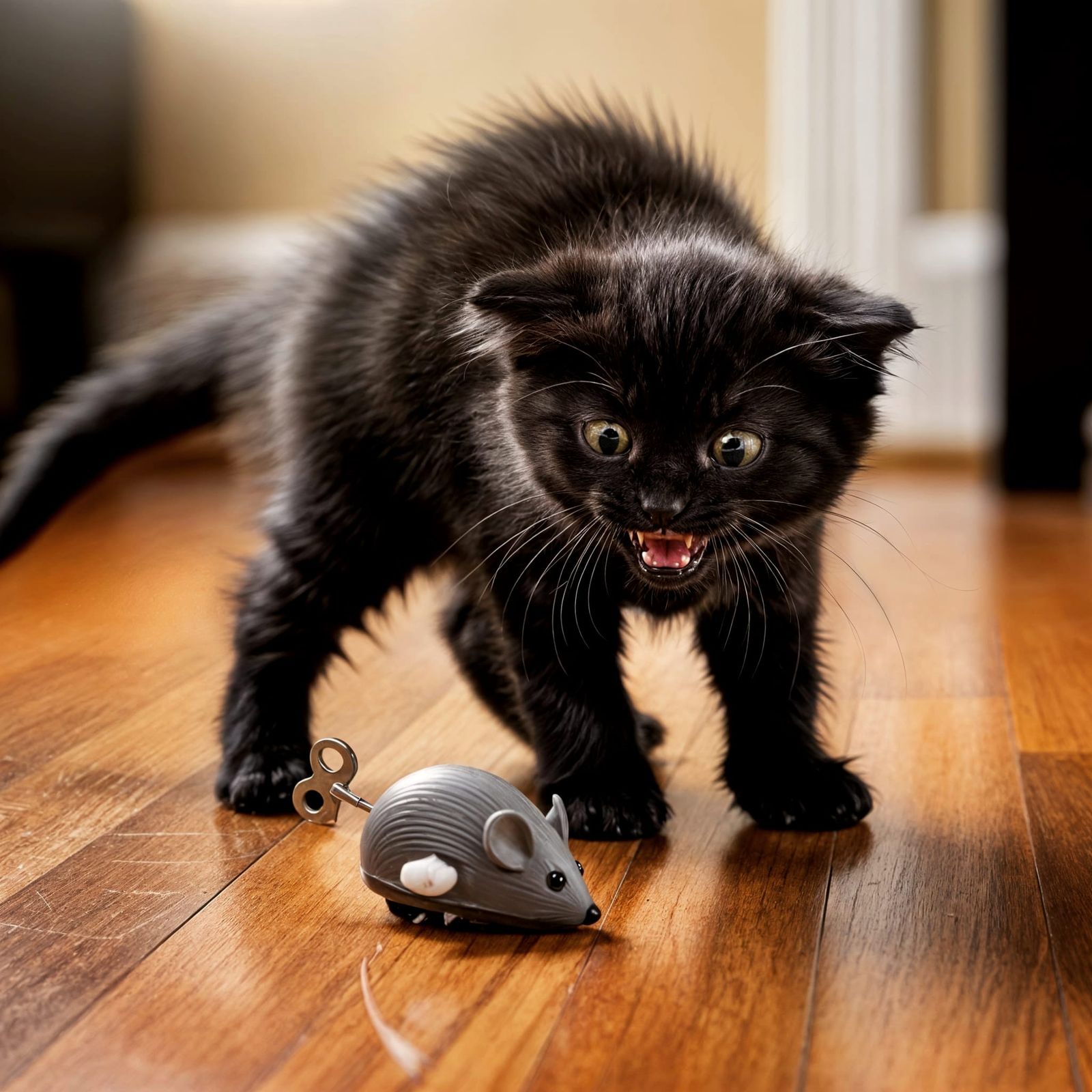 Startled Kitten Hisses At Wind-Up Mouse Toy