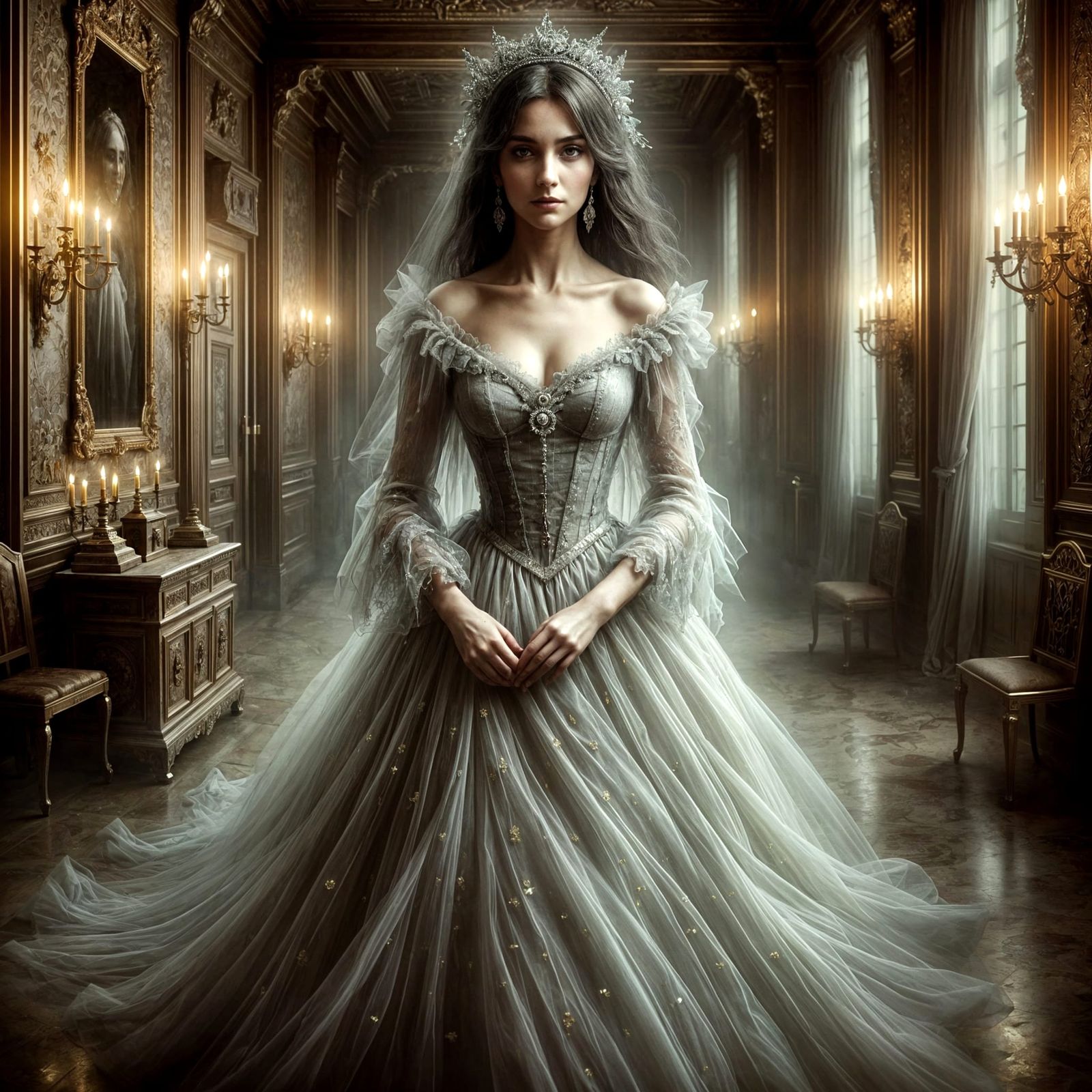 Ethereal Duchess Strolls Palace Hallway